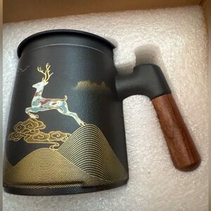 Porcelain Black 3pc tea Mug with Deer and Gold Accents,